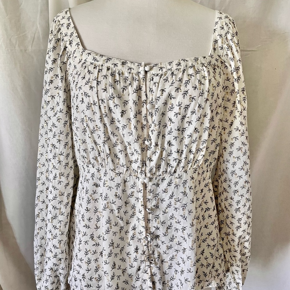 Floral Print Gold Flecked Button Down Peasant Blouse